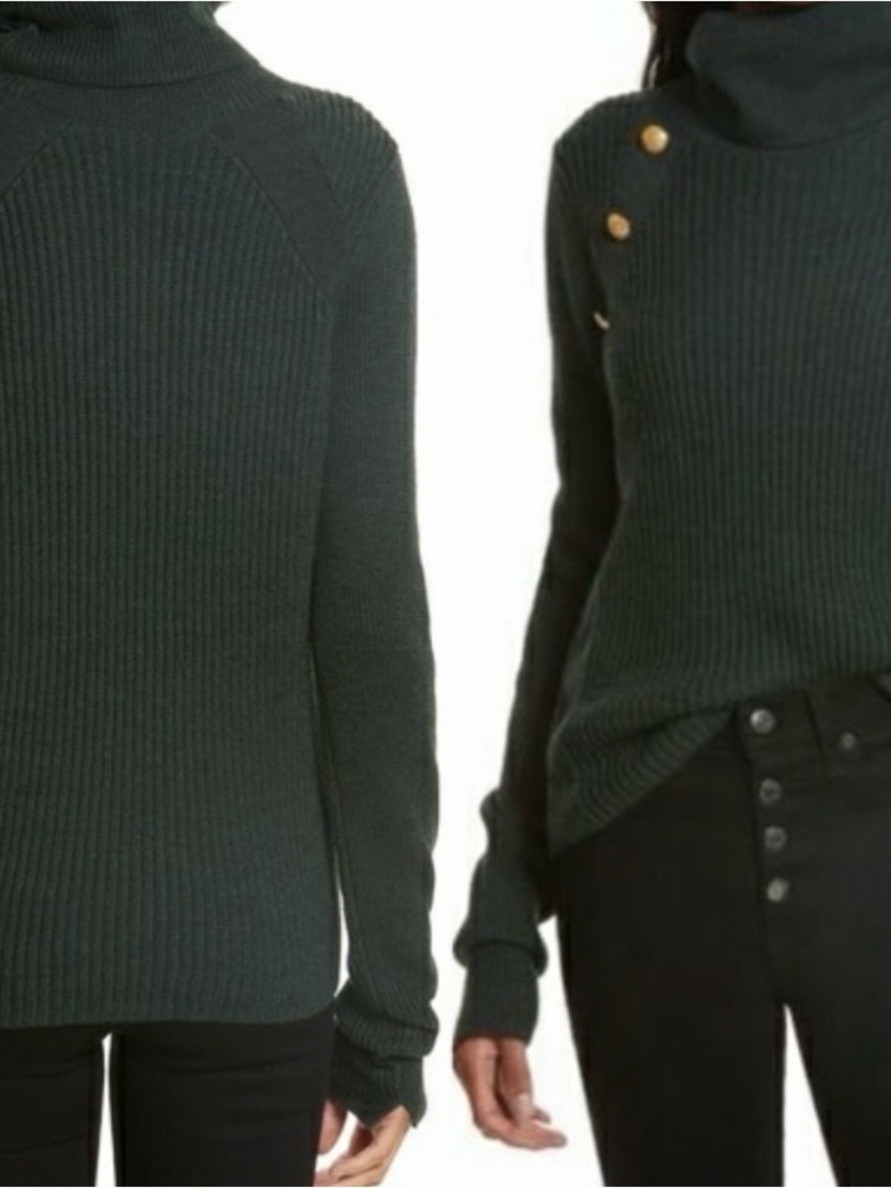 🍁Veronica Beard 🍁Forest Green Wool Turtleneck Sweater with Gold Buttons - Picture 2 of 4